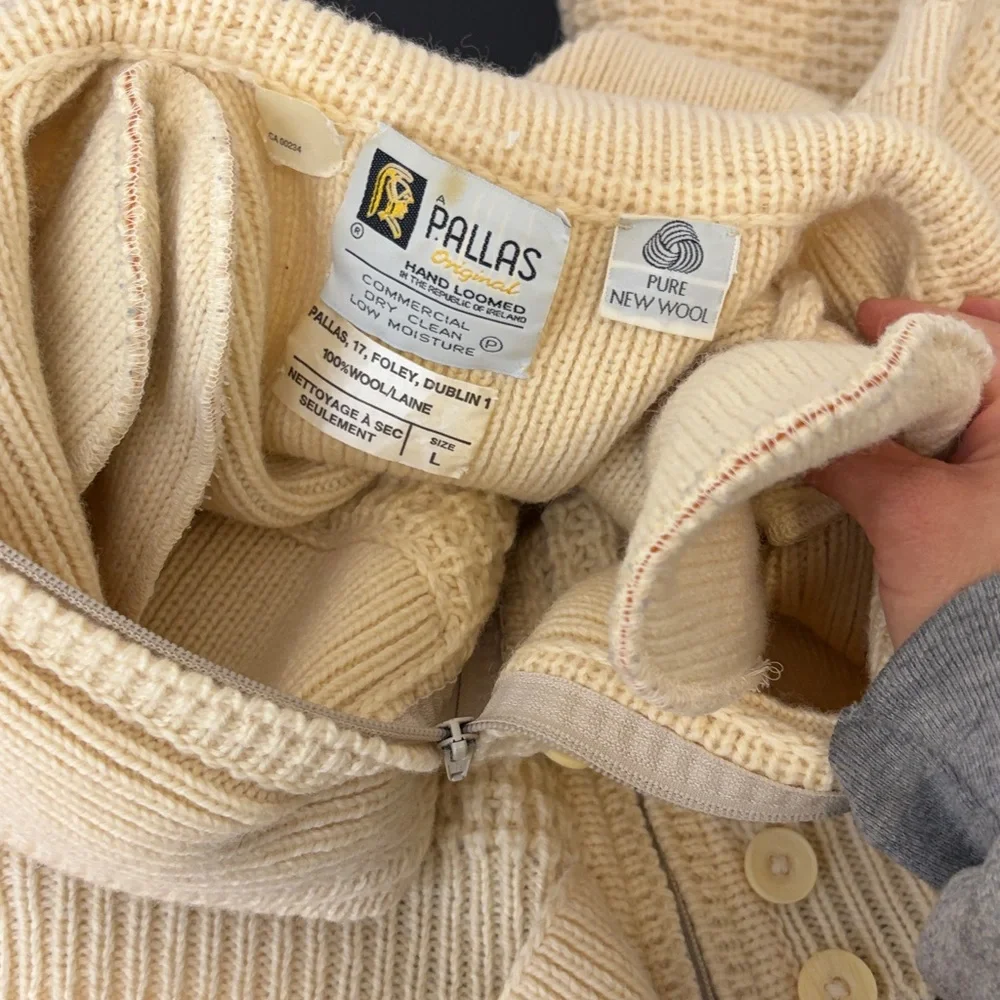 Vintage Irish Sweater Womens Large Cream Wool Chunky Knit Coatigan Cardigan - Picture 14 of 16